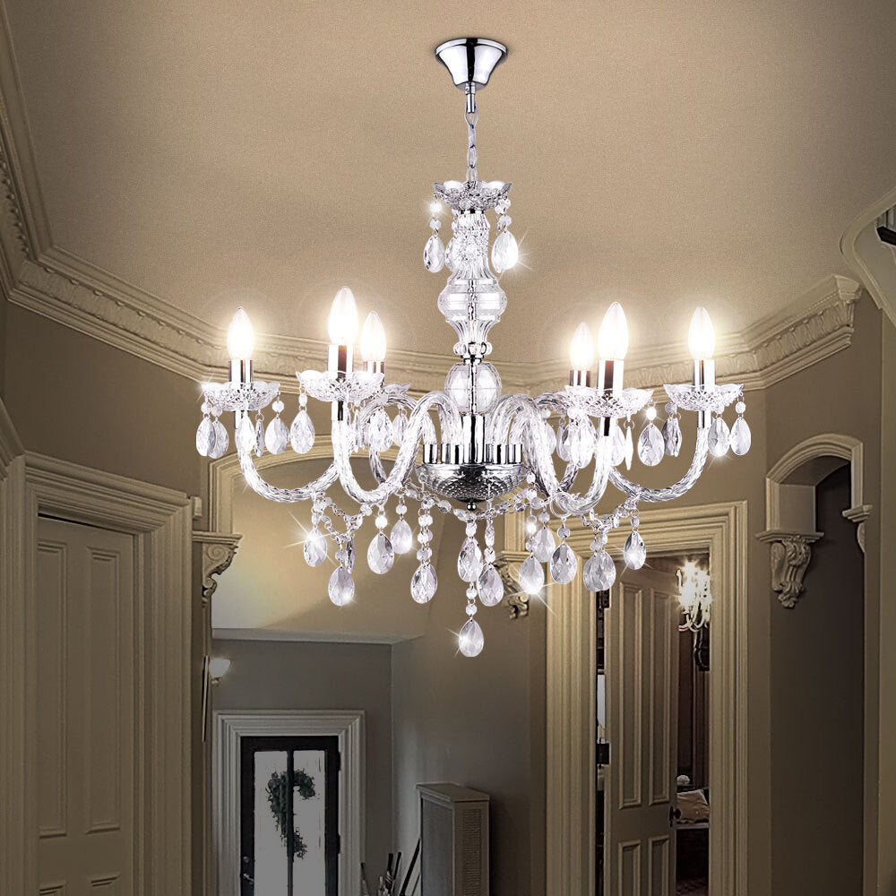 Maison Ornate Crystal Dining Room Chandelier with clear tassels and chrome frame, elegant lighting fixture.