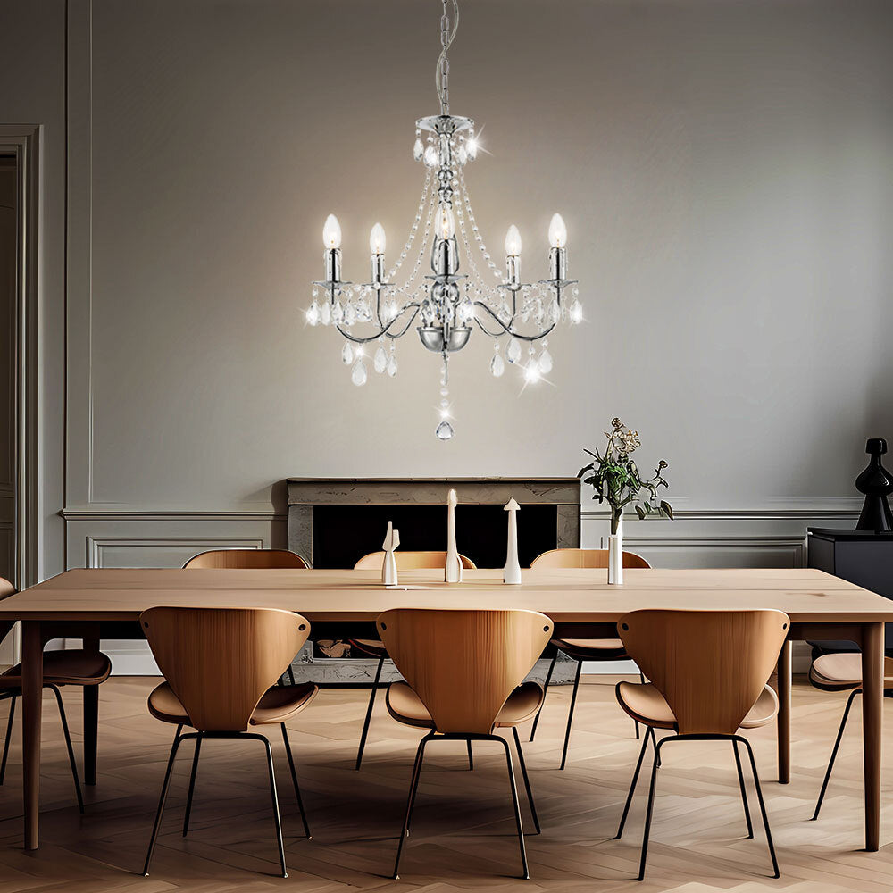 Elegant 5-Branch Crystal Chrome Chandelier by Maison Ornate, featuring sparkling crystals and sleek chrome finish.
