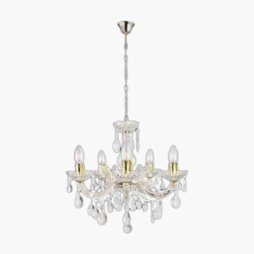 Five-arm chandelier with brass, acrylic arms, crystal droplets, and candle-style bulbs on chain.