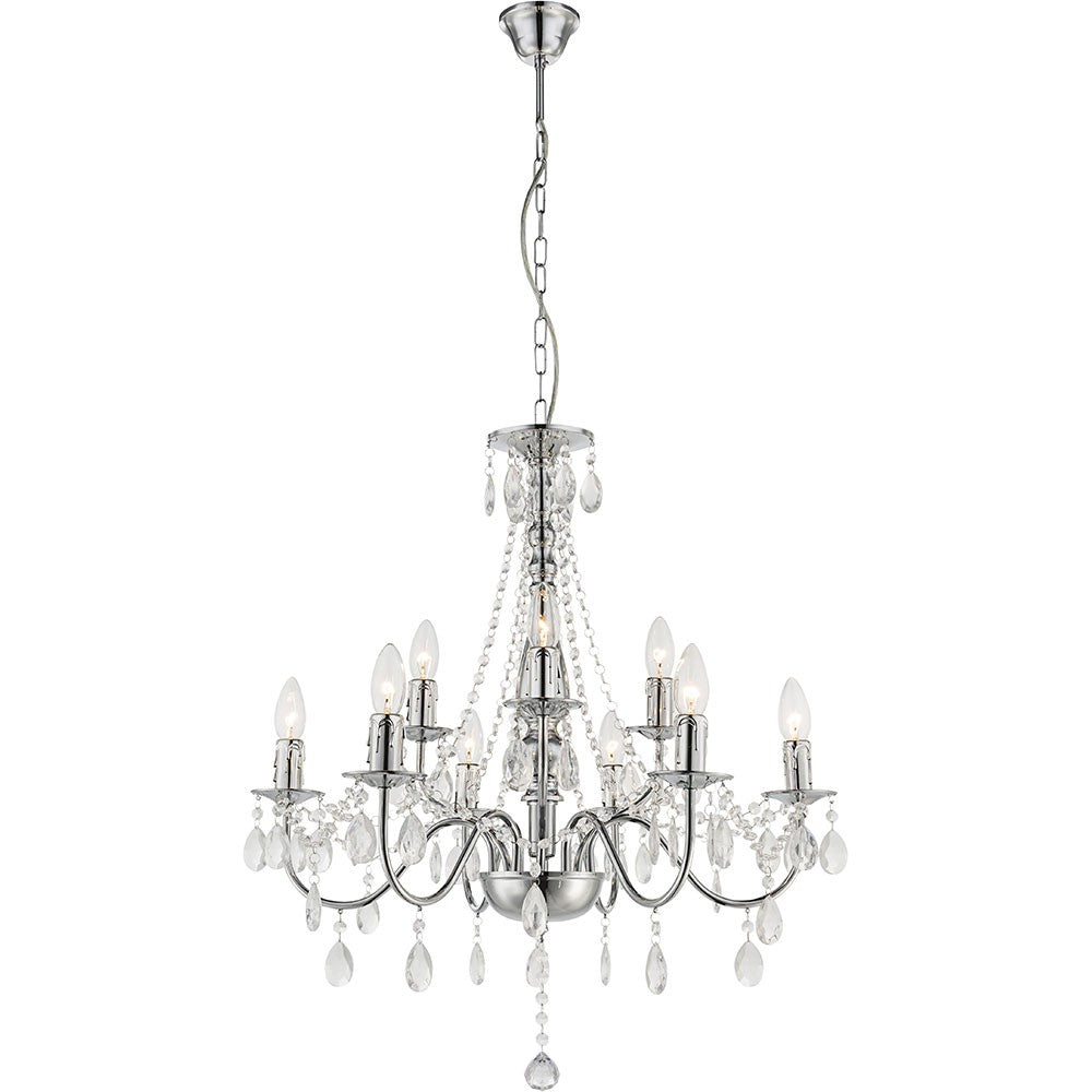 Maison Ornate Nine-Light Chrome Chandelier with curved arms, crystal beads, and teardrop crystals.