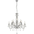 Maison Ornate Nine-Light Chrome Chandelier with curved arms, crystal beads, and teardrop crystals.