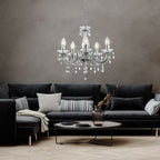 Maison Ornate Elegant Five-Arm Crystal Hanging Light in chrome, sophisticated chandelier design, beautifully illuminated.