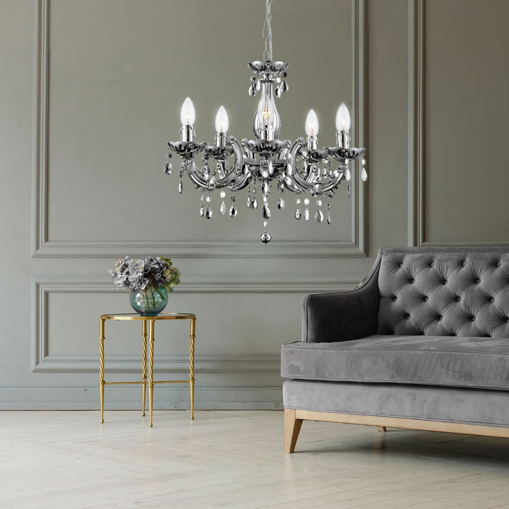 Maison Ornate LED Crystal Chandelier with Remote, chrome finish, sparkling crystals, modern sculptural design.
