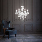 Maison Ornate 6-Arm Crystal Chandelier with Elegant Ornaments and E14 bulbs, sparkling overhead.