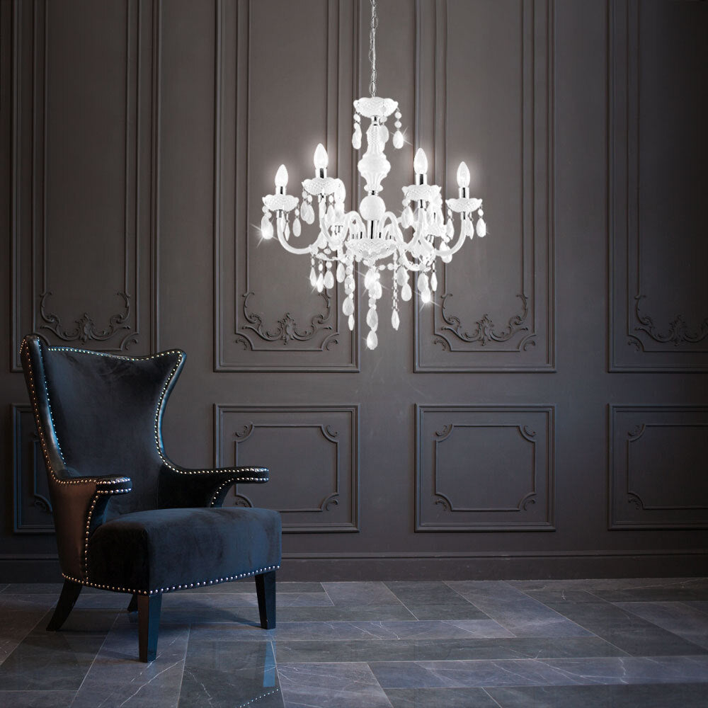 Maison Ornate 6-Arm Crystal Chandelier with Elegant Ornaments and E14 bulbs, sparkling overhead.