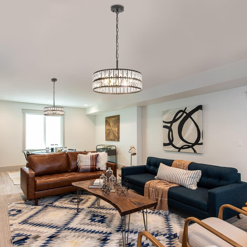 Two Maison Ornate Modern Semi-Transparent Black Metal Crystal Chandeliers suspended, showcasing intricate crystal accents.