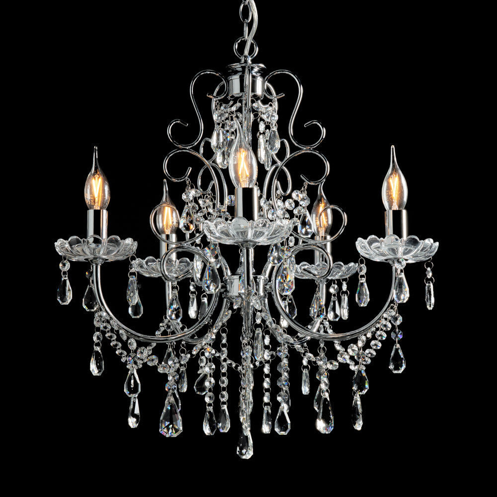 Maison Ornate Antique Crystal Chandelier with five polished chrome arms and hanging crystal accents.