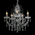 Maison Ornate Antique Crystal Chandelier with five polished chrome arms and hanging crystal accents.