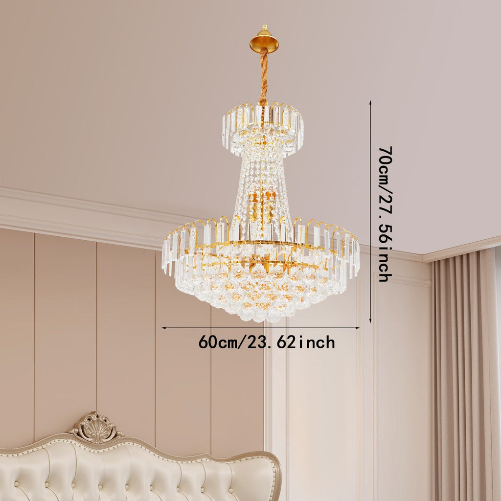 Maison Ornate Empire style gold tassel chandelier with crystal accents, 70 cm high, 60 cm wide.