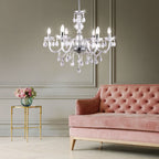 An elegant crystal chandelier with silver tassels and chrome structure by Maison Ornate.