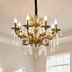 Maison Ornate Antique Crystal Chandelier with brass structure, 12 arms, candle bulbs, and crystal pendants.