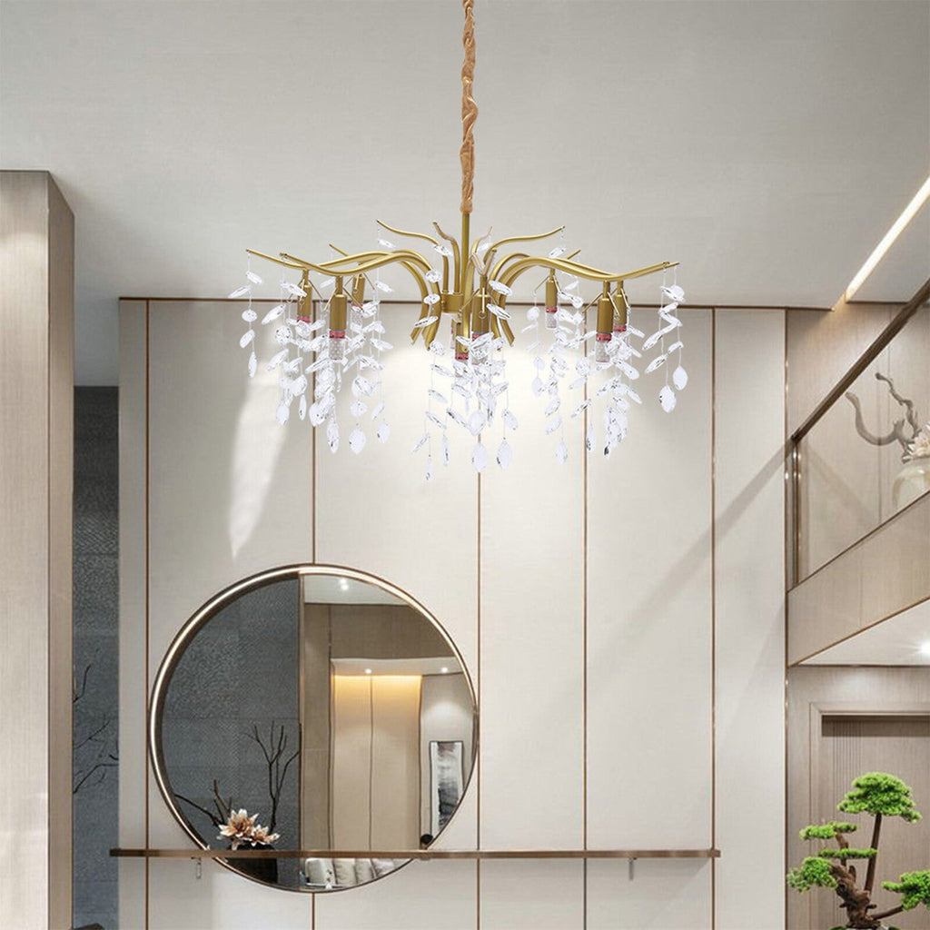 Maison Ornate Crystal Chandelier features gold finish, 8 arms, and sparkling K9 crystal leaf accents.