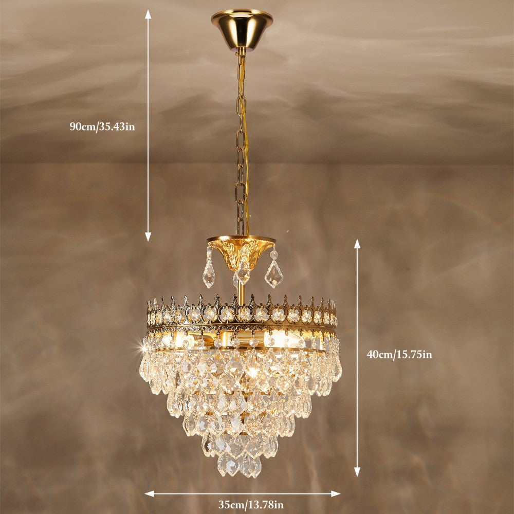 Luxurious gold crystal chandelier, 90 cm hanging length, 40 cm high, 35 cm wide—elegant lighting statement.