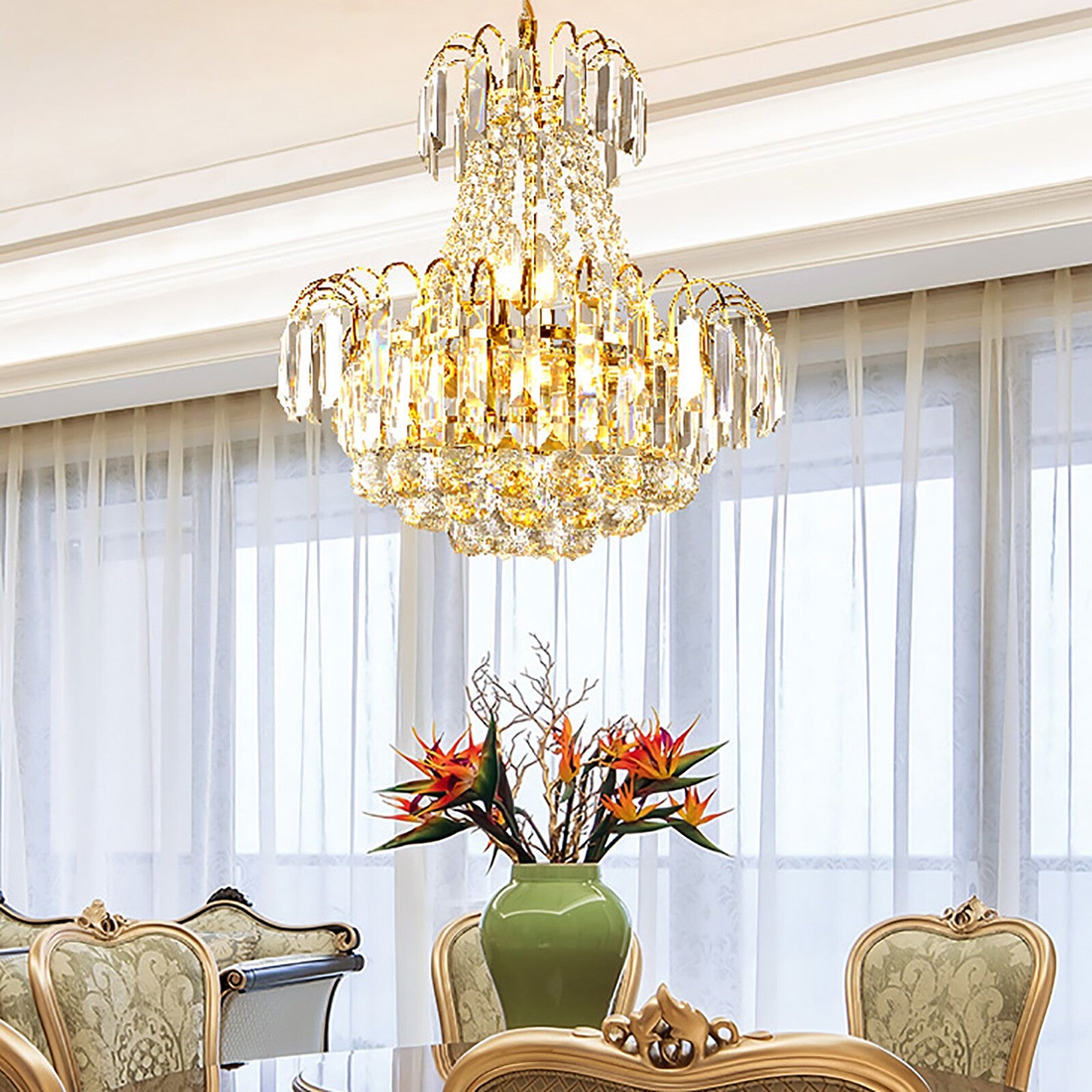 A 60 cm Maison Ornate Golden Crystal Dining Room Chandelier in modern style, gold and crystal detailing.