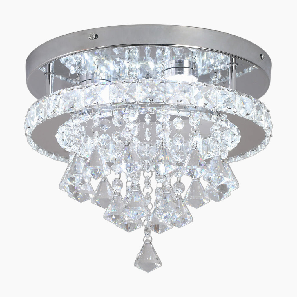 Maison Ornate Crystal Ball Chandelier with chrome base, cascading crystal prisms, and integrated LED lights.