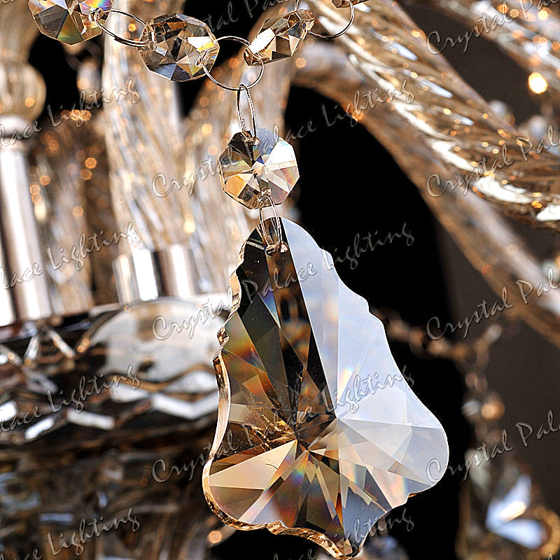 Close-up of Maison Ornate K9 Crystal Champagne Multi-Arm Chandelier with faceted crystal pendants and elegant metalwork.