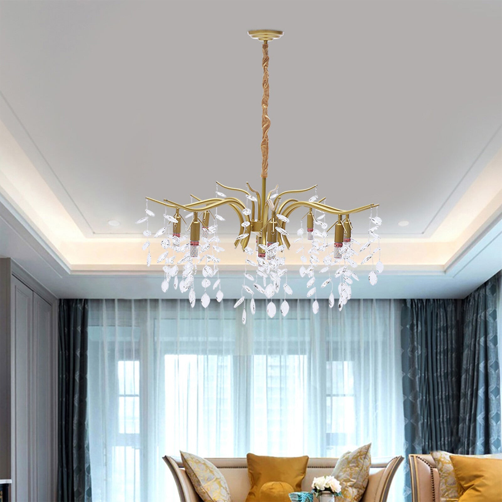 Elegant Maison Ornate Crystal Chandelier with gold finish and 8 arms, modern decorative lighting fixture.