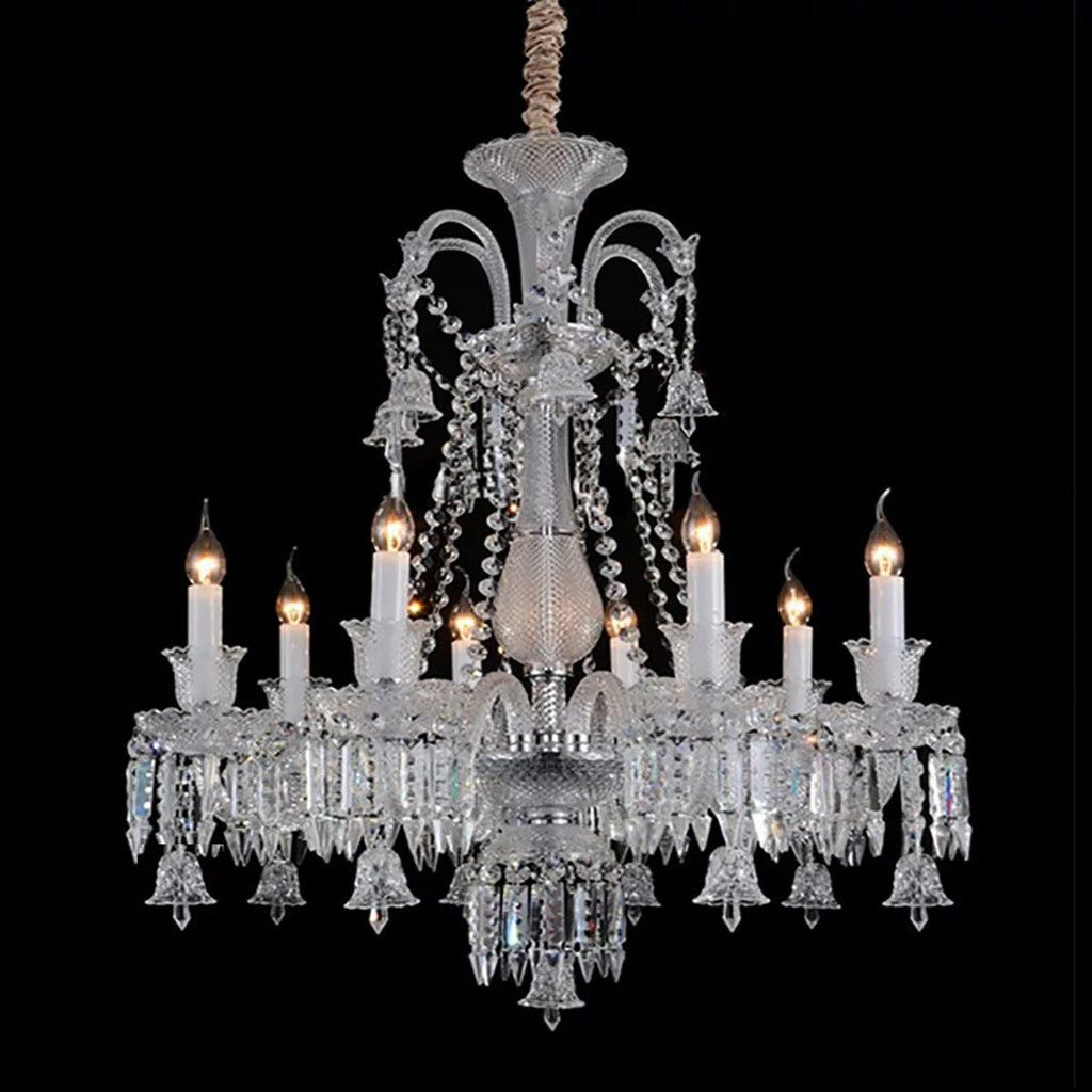 Maison Ornate Crystal Chandelier with 6, 8, or 10 clear arms and sparkling prisms, E14 bulbs.