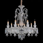 Maison Ornate Crystal Chandelier with 6, 8, or 10 clear arms and sparkling prisms, E14 bulbs.