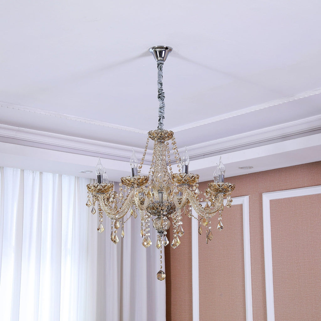 Maison Ornate K9 Crystal Chandelier with maple leaf motif and multiple arms, sparkling crystal accents.