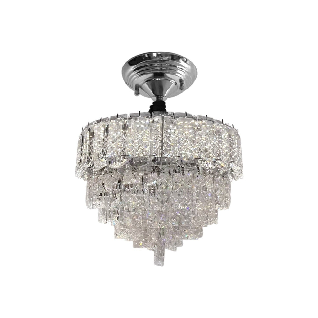 Chrome chandelier with three tiers of rectangular crystal prisms in an elegant, modern design.