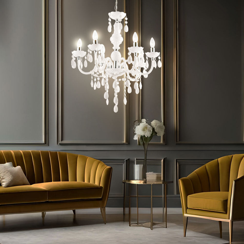 Maison Ornate 6-Arm Crystal Chandelier with elegant ornaments, shimmering and radiant display.
