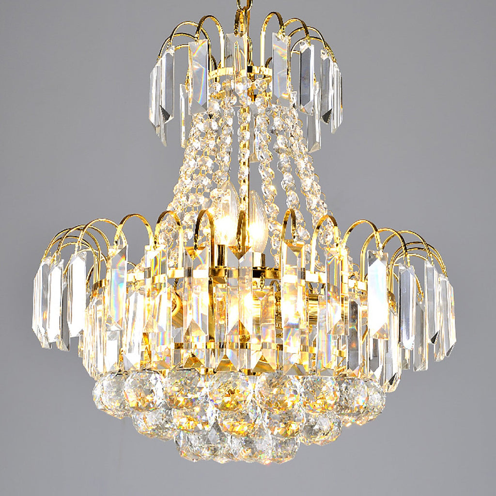 Modern 60cm gold chandelier with K9 steel, layered clear crystals, and sparkling lights.