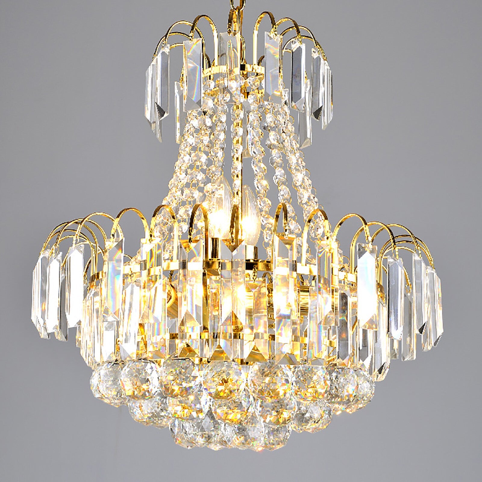 Modern 60cm gold chandelier with K9 steel, layered clear crystals, and sparkling lights.