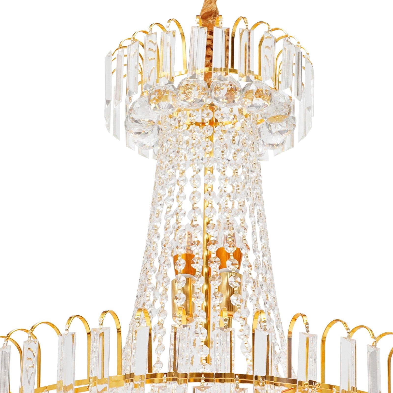 Ornate Empire-style chandelier with gold tassels, clear crystal prisms, and intricate detailing.