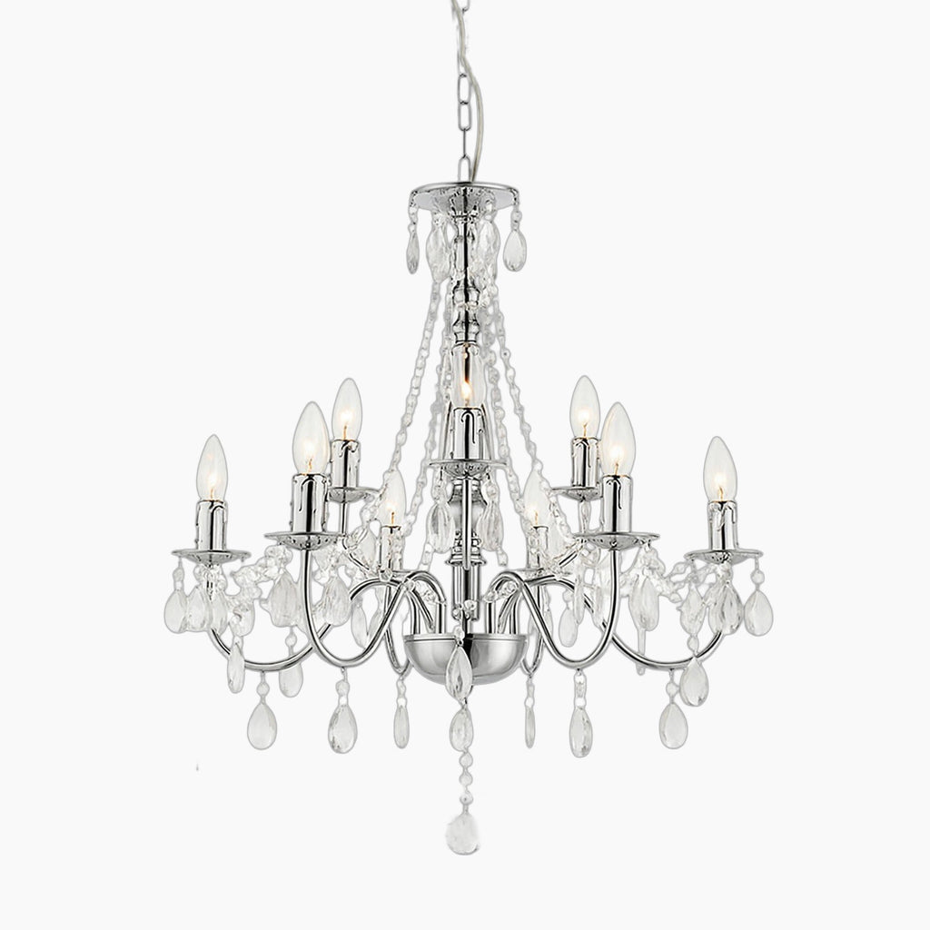 Maison Ornate Nine-Light Chandelier with chrome finish, clear crystal beads, and teardrop pendants.