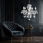 Maison Ornate Elegant 5-branch Chrome Crystal Dining Room Chandelier, sparkling with reflective chrome and faceted crystal drops.