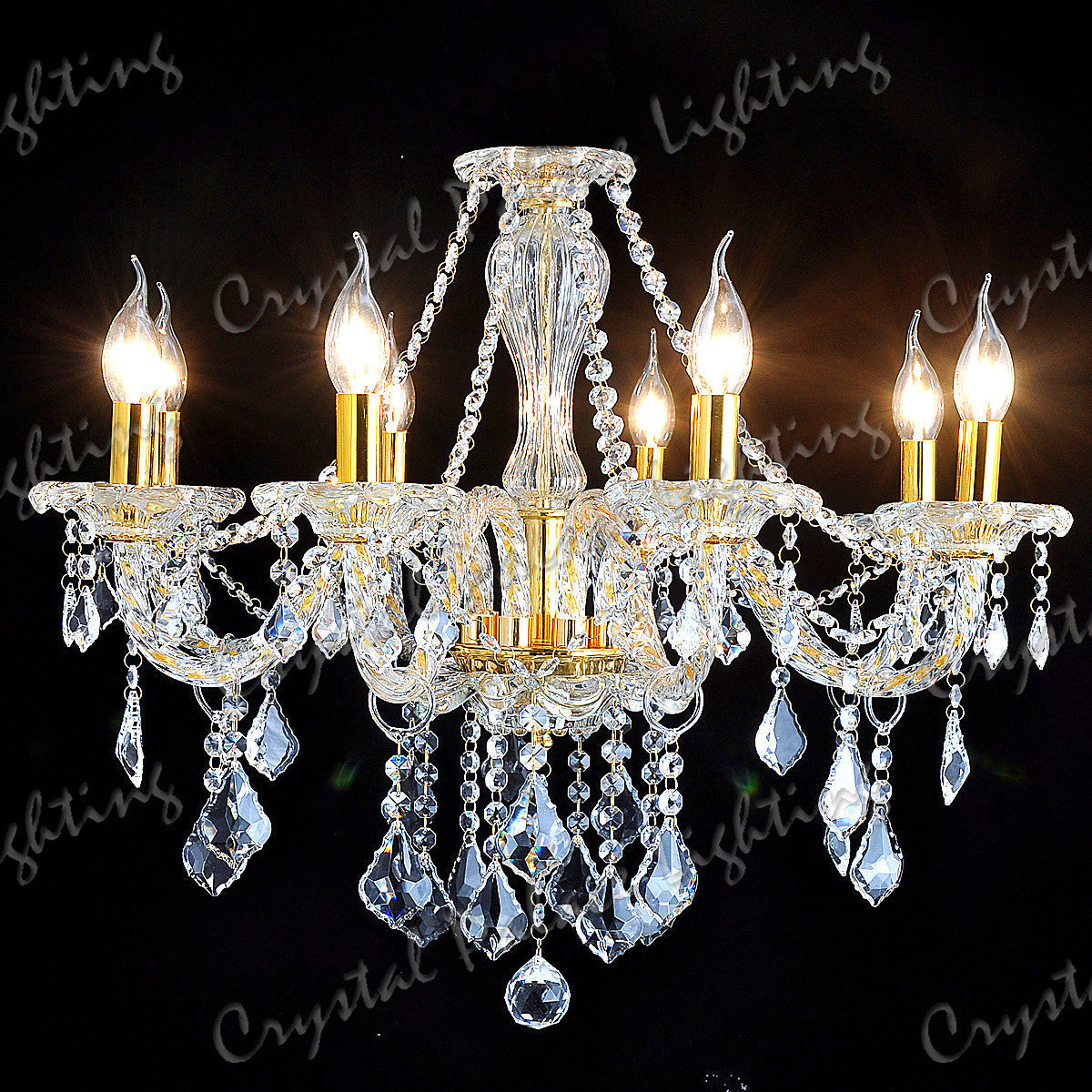 Ornate gold chandelier with K9 crystals, six candle bulbs, maple leaves, and twisted arms.