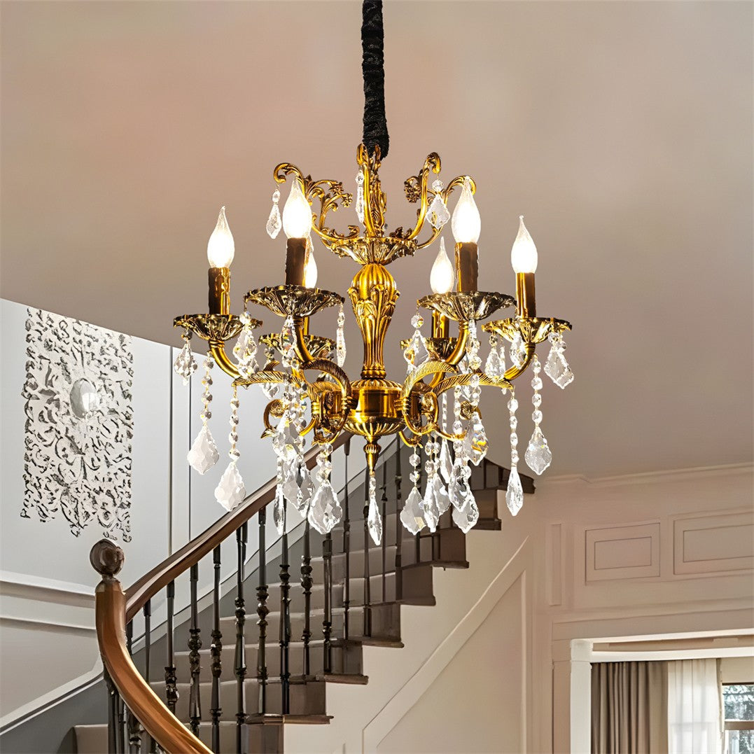 Maison Ornate Vintage Bronze Crystal Hallway Chandelier with six lights and intricate crystal accents.