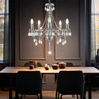 The Maison Ornate Elegant 5-Branch Crystal Chrome Chandelier with intricate detailing and sparkling accents.