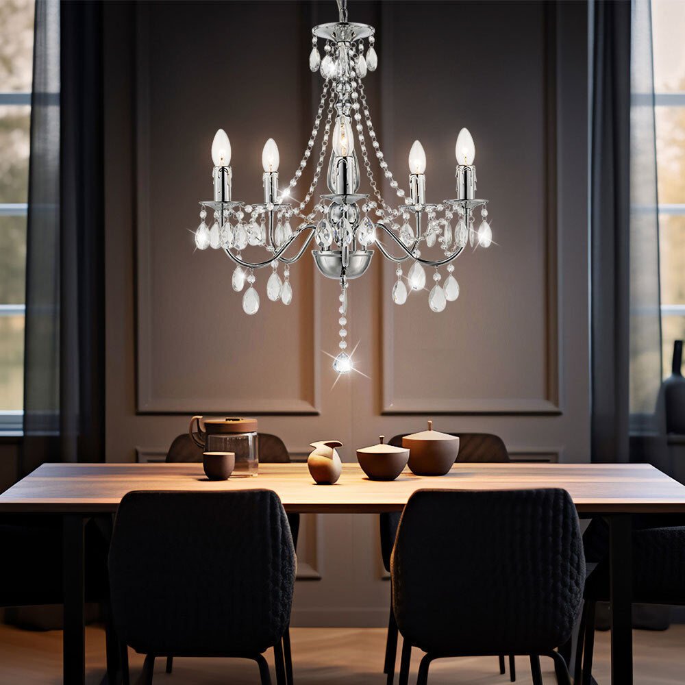 The Maison Ornate Elegant 5-Branch Crystal Chrome Chandelier with intricate detailing and sparkling accents.