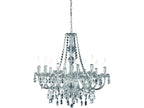 Ornate crystal chandelier with multiple arms, E14 candle bulbs, chain suspension, and elegant sparkling accents.