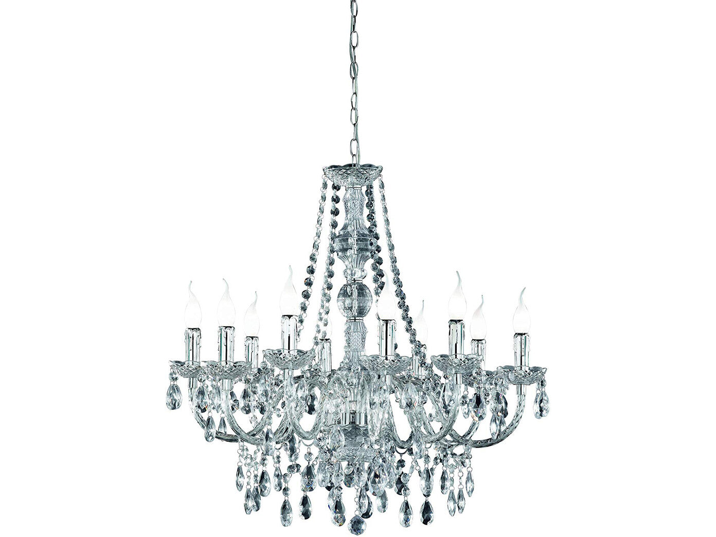 Ornate crystal chandelier with multiple arms, E14 candle bulbs, chain suspension, and elegant sparkling accents.