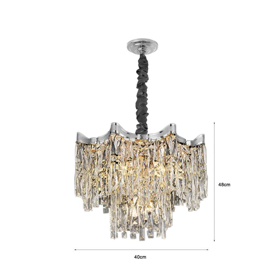 Ornate crystal chandelier with chrome base, black-wrapped stem, multi-tiered pendants; 48x40 cm.