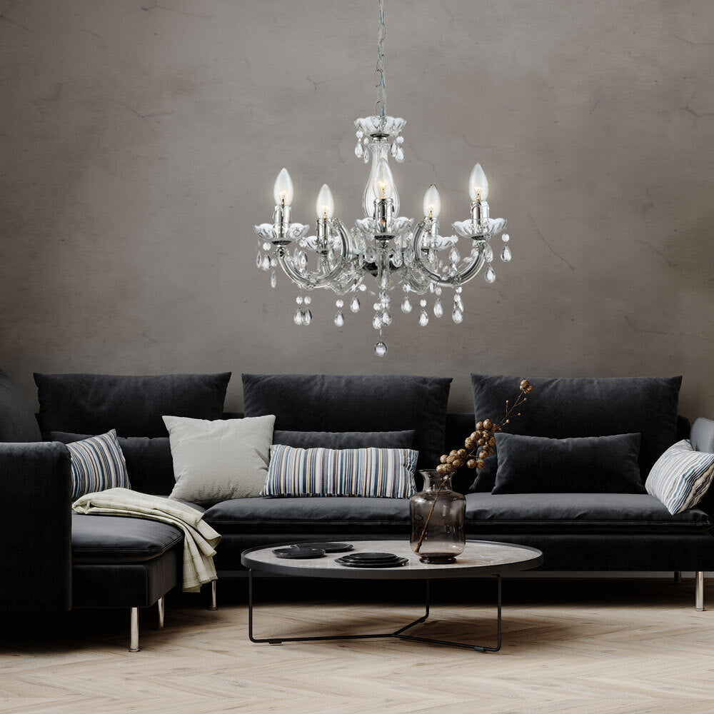 Maison Ornate Elegant Crystal Pendant Light for Dining Room in chrome, sparkling with intricate crystal details.