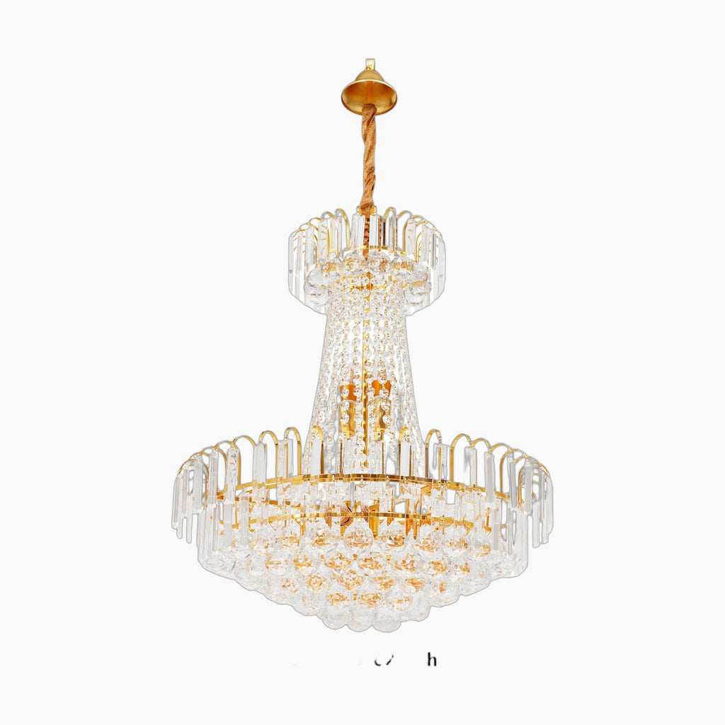 Empire Style chandelier with gold frame, tiers of crystals, and elegant gold tassels.