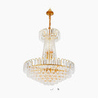 Empire Style chandelier with gold frame, tiers of crystals, and elegant gold tassels.
