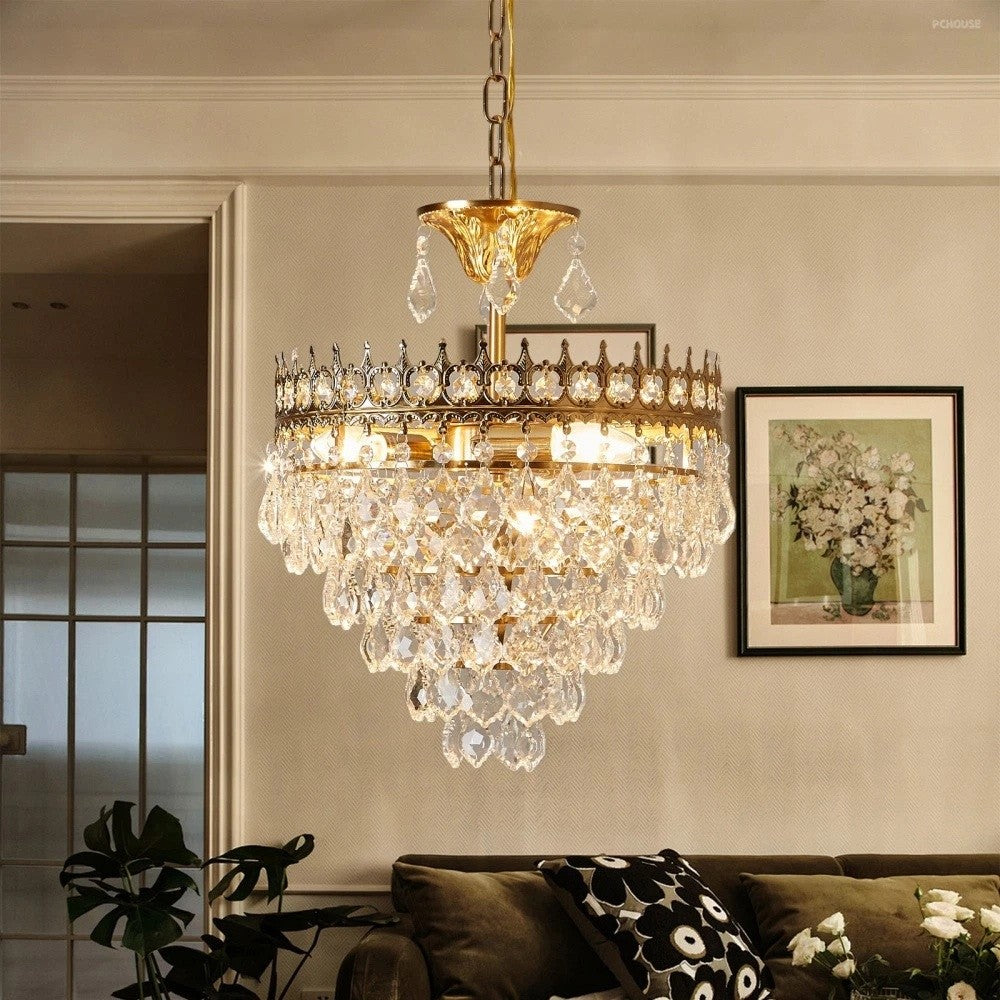 Maison Ornate Crystal Chandelier, elegant and modern, sparkling from the ceiling, luxury product focus.