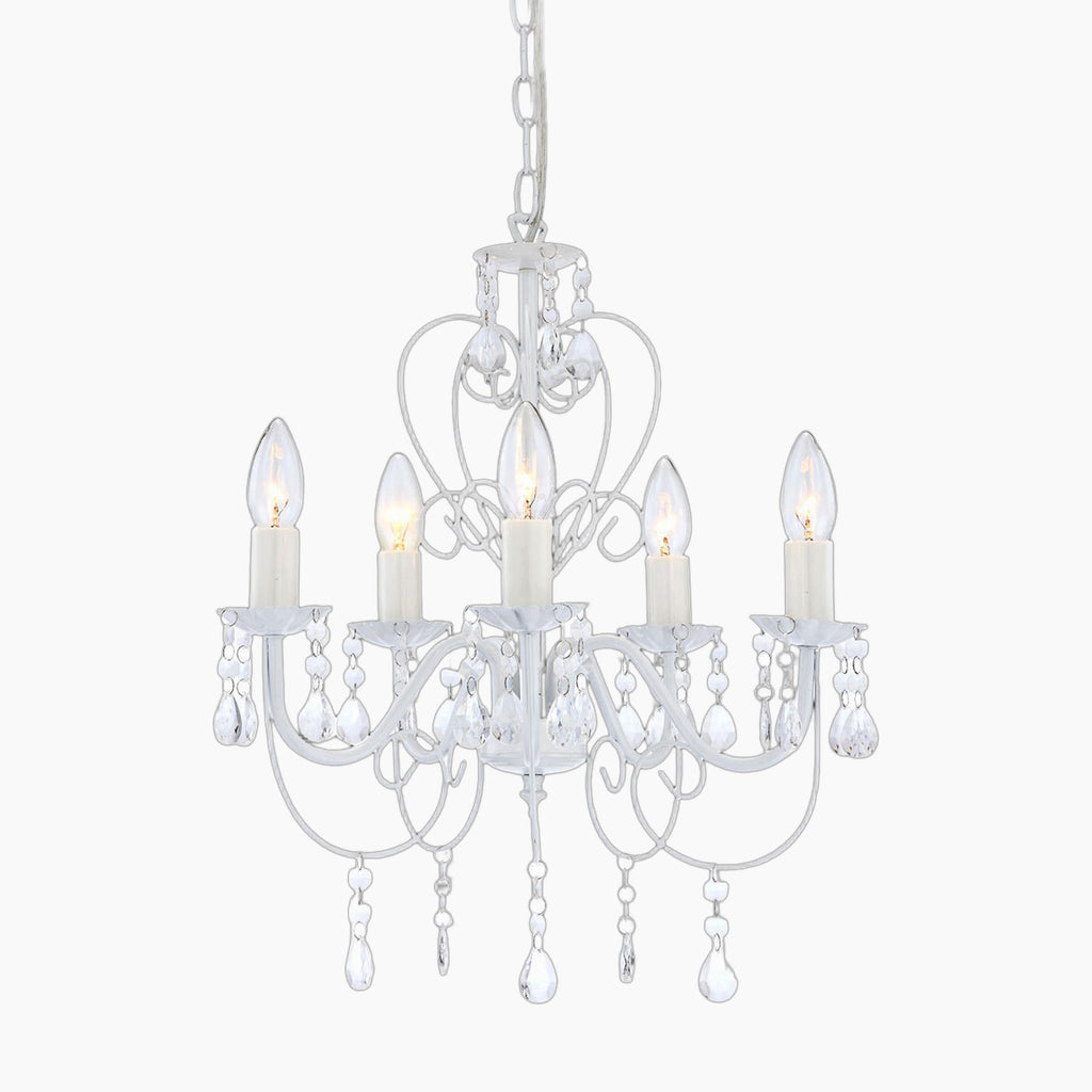 Elegant white metallic chandelier with five candle-style arms and crystal accents, suspended by matching chain.