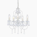 Elegant white metallic chandelier with five candle-style arms and crystal accents, suspended by matching chain.
