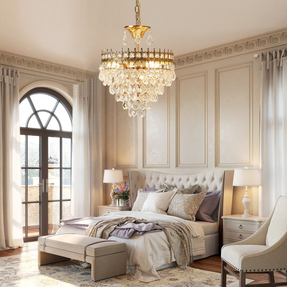 Maison Ornate Luxurious Gold Crystal chandelier, elegant design with sparkling crystals, suspended and glowing softly.