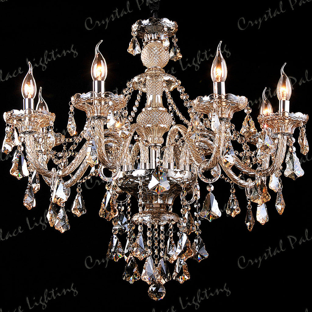 Maison Ornate K9 Crystal Champagne Multi-Arm Chandelier with six candle-style lights and crystal prisms.