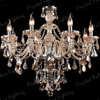 Maison Ornate K9 Crystal Champagne Multi-Arm Chandelier with six candle-style lights and crystal prisms.
