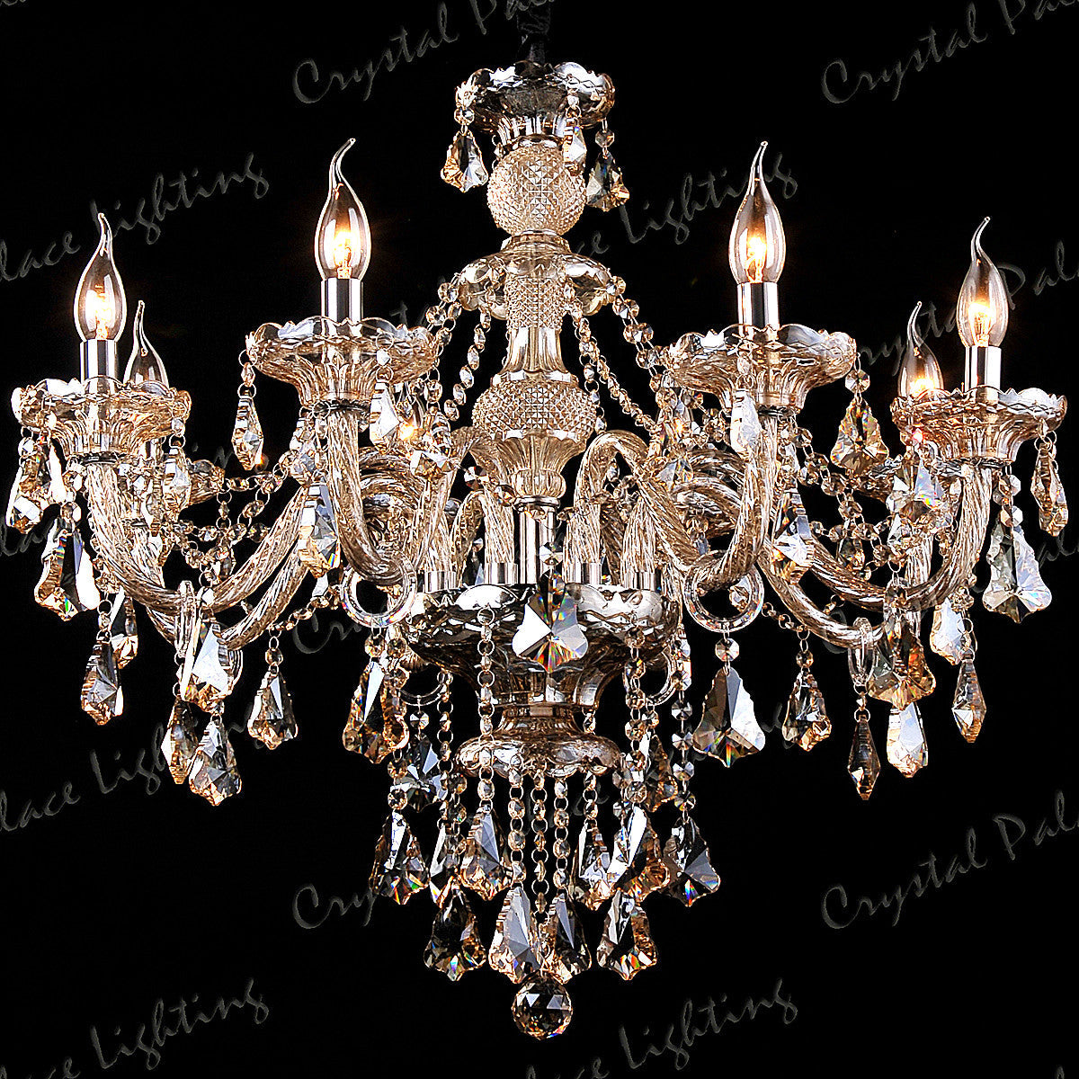 Maison Ornate K9 Crystal Champagne Multi-Arm Chandelier with six candle-style lights and crystal prisms.
