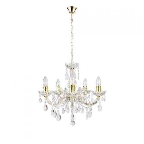Five-arm brass chandelier with crystal accents, candle-style lights, and gold-tone chain for elegance.