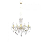 Five-arm brass chandelier with crystal accents, candle-style lights, and gold-tone chain for elegance.